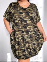 Gr 54  Midi-Kleid V-Ausschnitt &Taschen in Camo Muster Sachsen - Ebersbach/Sachsen Vorschau