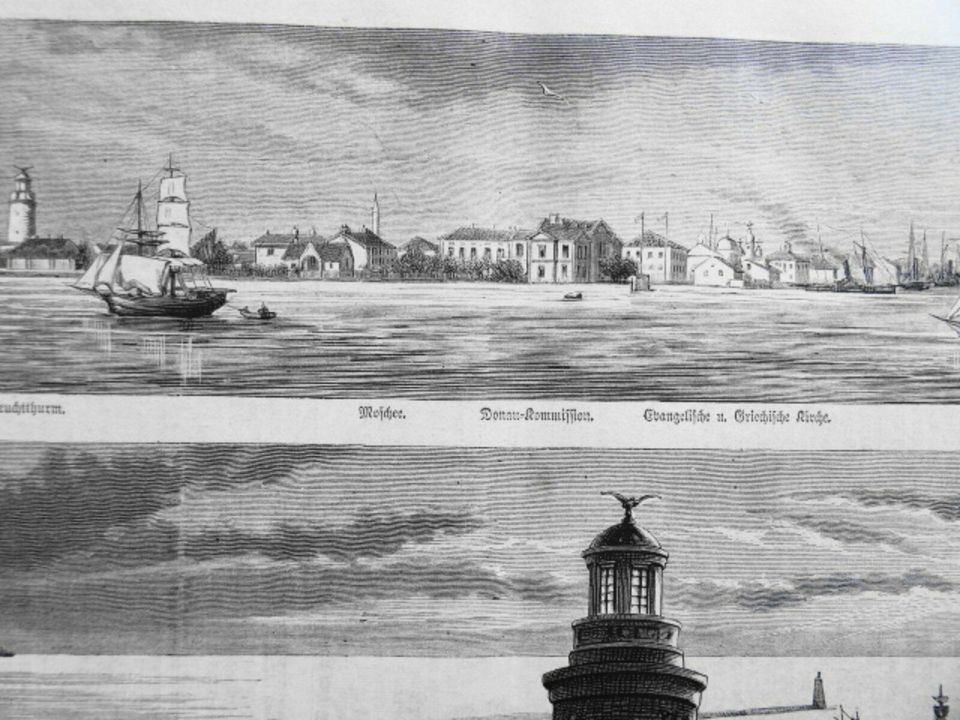Donauhafen, Sulina, Rumänien, Leuchtturm, Moschee, Holzstich 1877 in Königsbach-Stein 