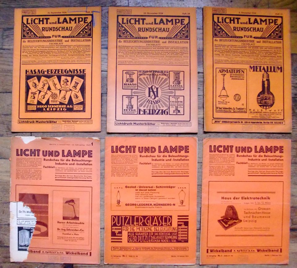 6 x Fachzeitschrift LICHT und LAMPE 1924 + 1933  >>SELTEN<< in Hainichen
