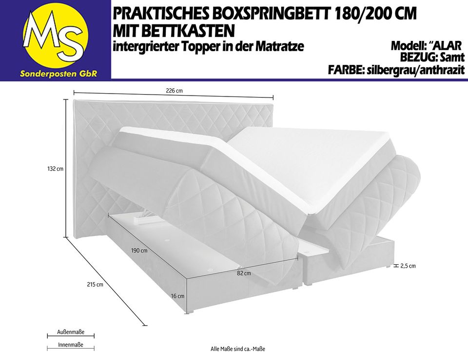 Boxspringbett Bett 180/200 +KSMatratze H2 +Topper Samt grau in Mettingen