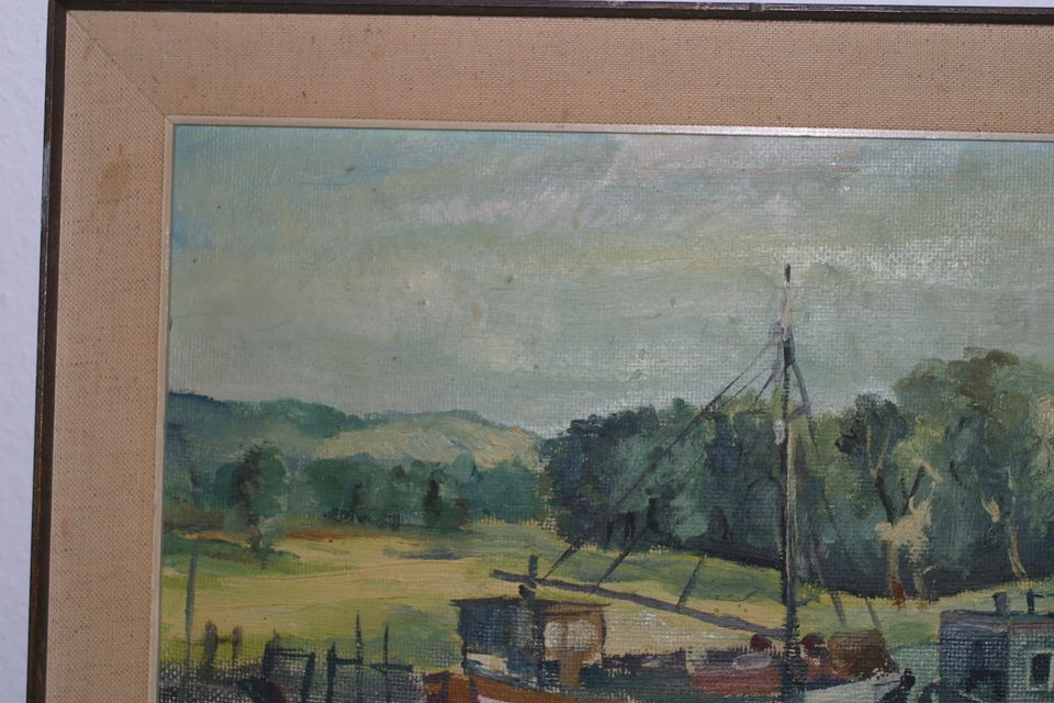 ORIGINAL Acryl Malerei Hausboote - handsigniert E. Schreiber 1963 in Bremerhaven