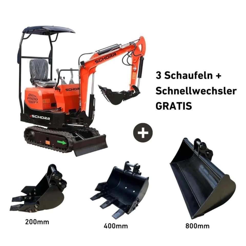 Minibagger SCHORR RR10MB 920kg mit Knickarm + Schaufel-Set NEU Microbagger LIEFERUNG Diesel EURO5 in Schüttorf