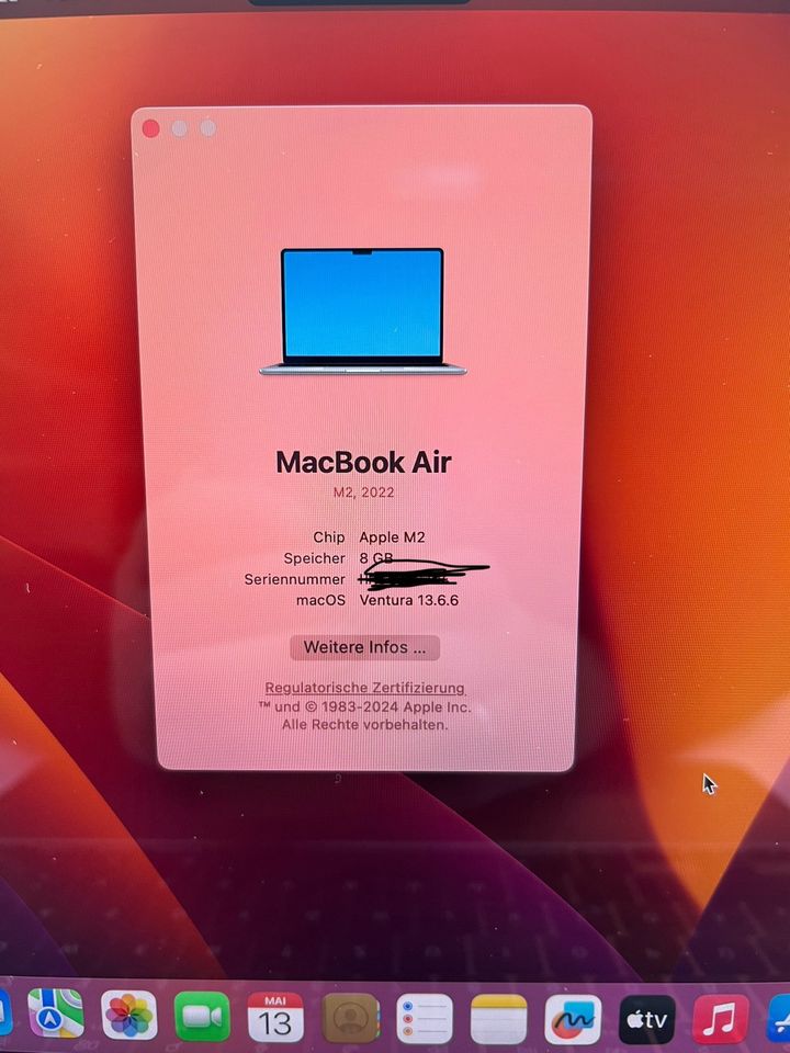 Apple Macbook Air 13,6 M2 2023 8GB 256GB Neuwertig Garantie 929€* in Berlin