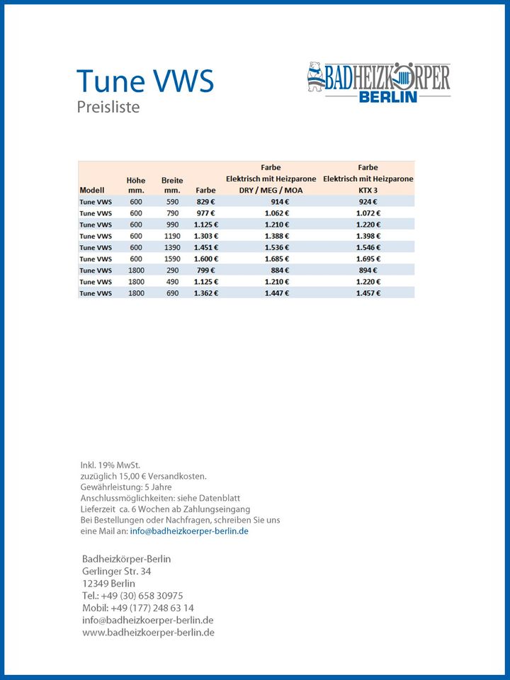 Badheizkörper Handtuchwärmer Handtuchtrockner  TUNE VWS in Berlin