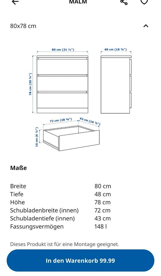 80x78 Malm kommode ikea weiß mit blauen schubfächern in Naunhof