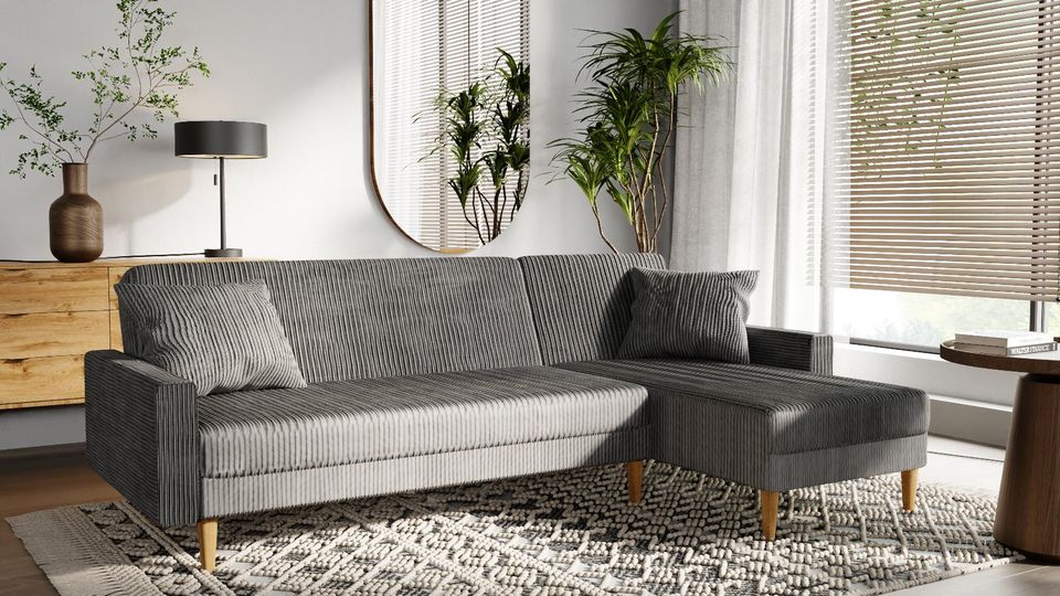 Lila Poso Cordstoff Sofa Couch mit Schlaffunktion in Düsseldorf