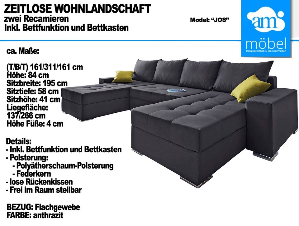 Sofa Couch Wohnlandschaft U Form Bettfunktion-Bettkasten anthrazi in Bremen