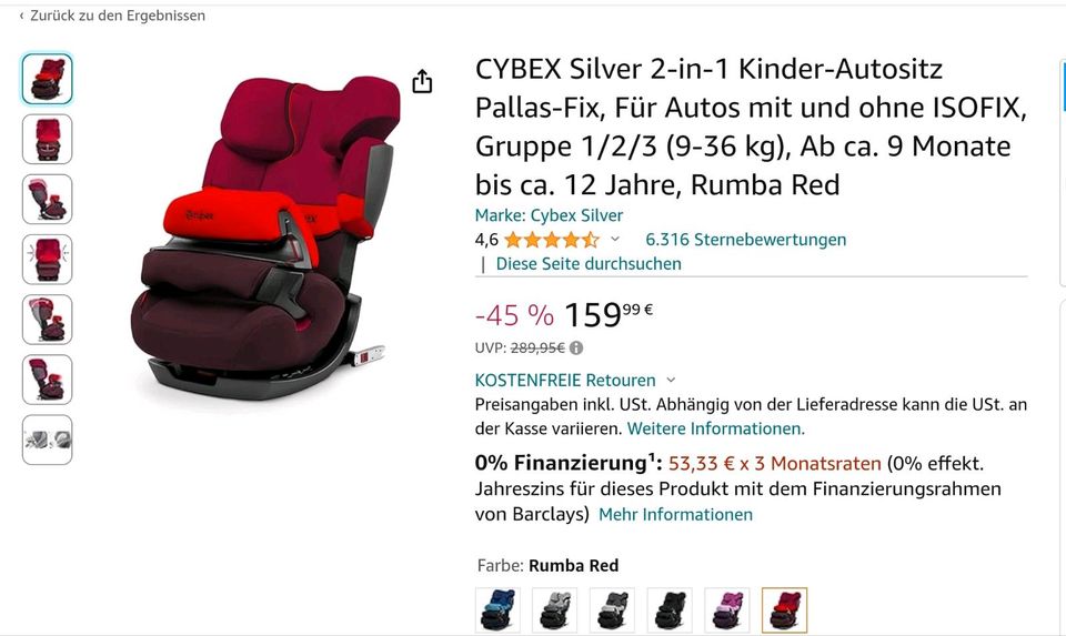 Cybex Fangkörber Gr. 1 9-18 kg rot-bordeaux - ohne Sitz in Schömberg b. Württ