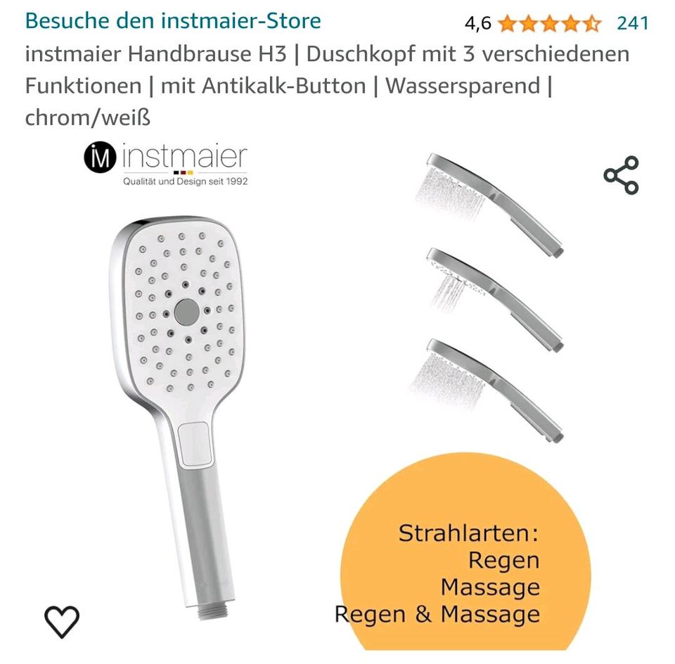 Instmaier Handbrause H3 Chrom/Weiß mit 3 Strahlarten in Schwetzingen