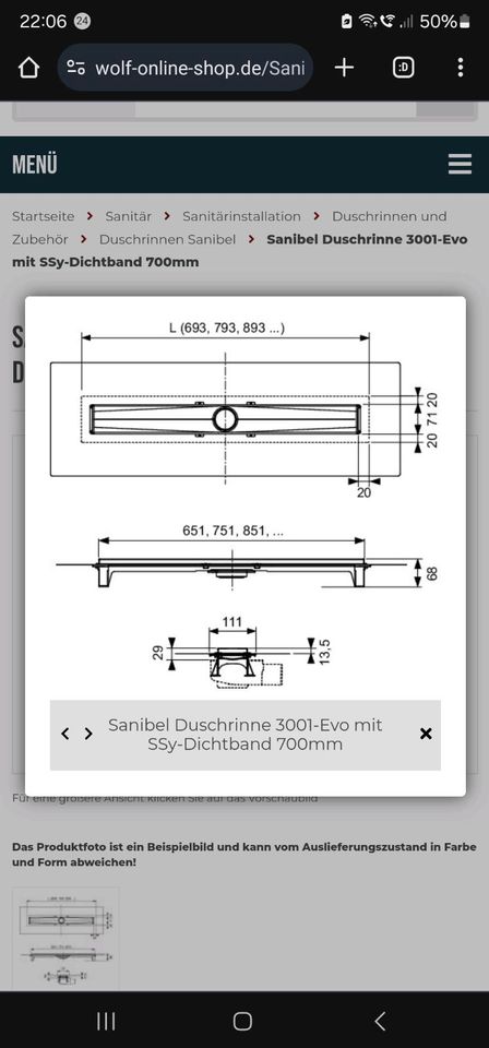 Sanibel Duschrinne 3001-Evo mit SSy-Dichtband 700mm in Seeburg (Niedersachsen)