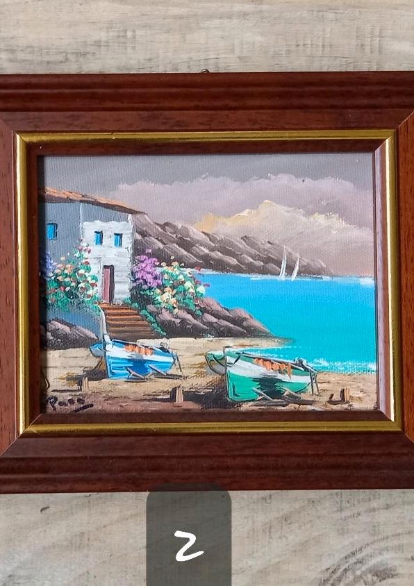 Kleines Gemälde auf Leinwand  (Haus am Meer mit Booten) in Lennestadt