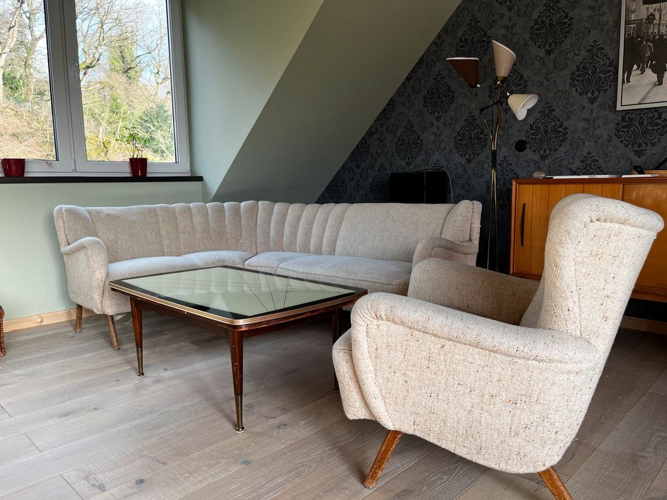 Midcentury 50s 60s Eck- Cocktailcouch mit 2 Sesseln Sitzgruppe in Essen