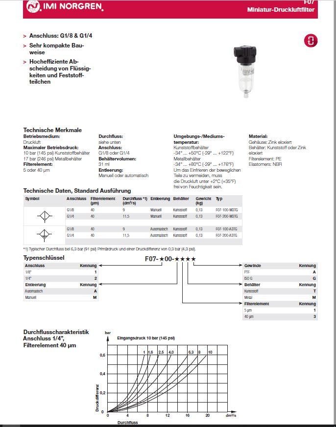 Mini Druckluftfilter F07-100-M1TG, Norgren, incl. Verschraubungen in Bad Elster