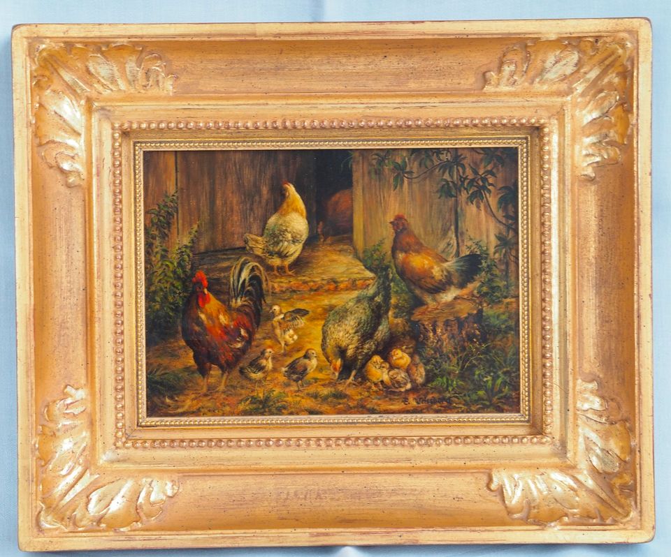Gemälde Hühner im Stall, goldener alter Rahmen in Wiesbaden