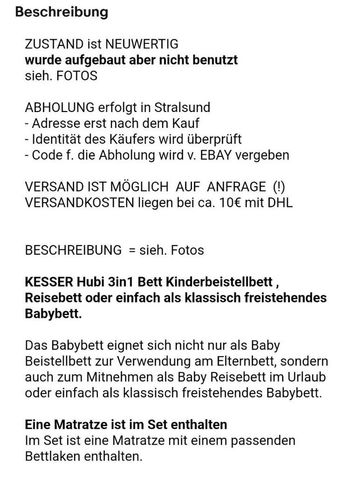 3 in1 Babybett/Reisebett/Zustellbett + Matratze in Stralsund