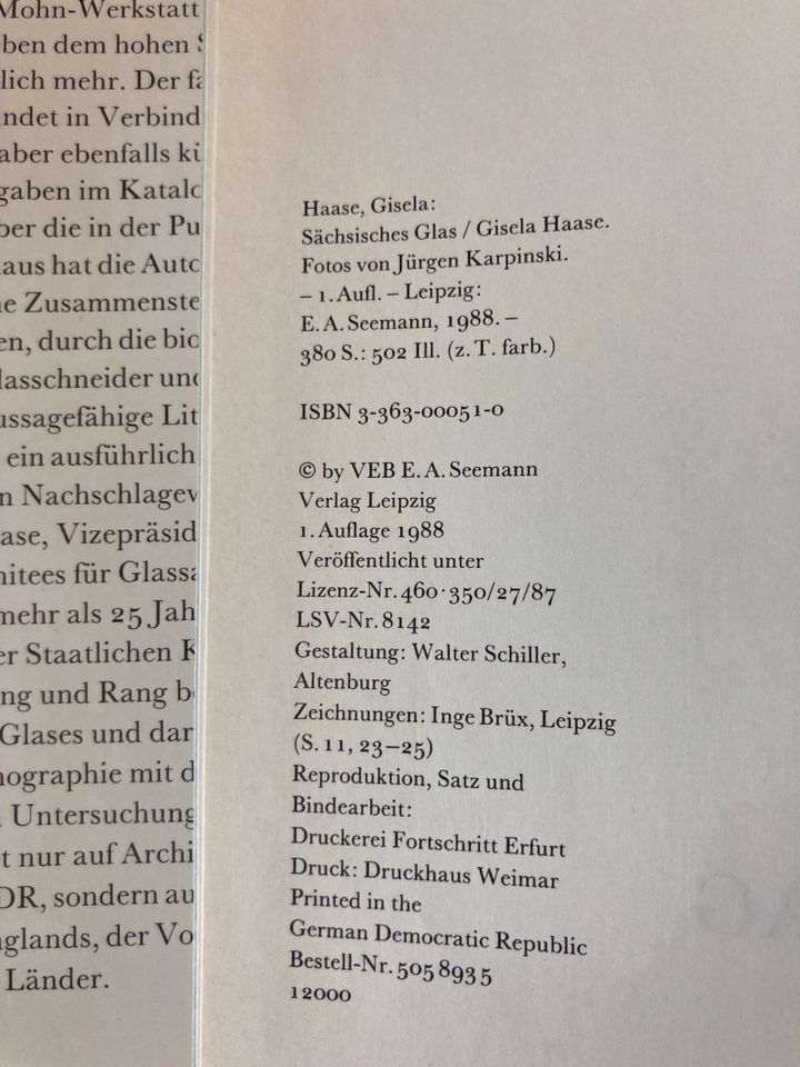 Sächsisches Glas Gisela Haase Jürgen Karpinski Verlag Leipzig in Unna