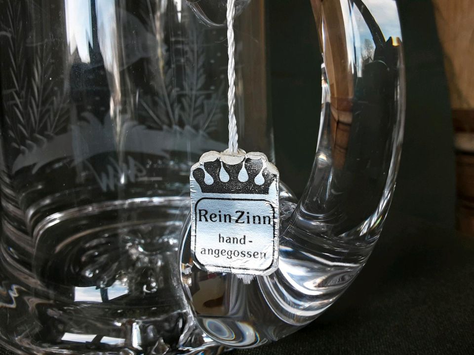 Bierkrug Bleikristall mit Zinndeckel,  Initialen WW in Overath