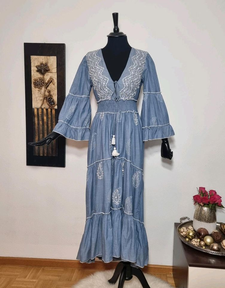 Traumhaftes Boho Maxikleid Paisley  Vokuhila Jeansblau 36 38 in München