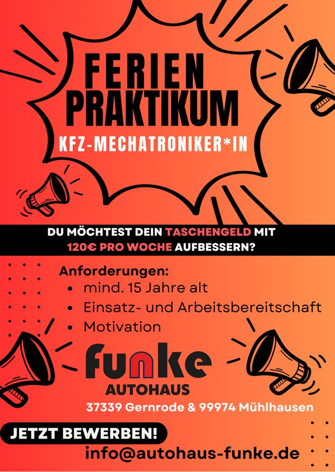 Ferien-Praktikum / Praktika KFZ-Mechatroniker*in in Gernrode (Eichsfeld)