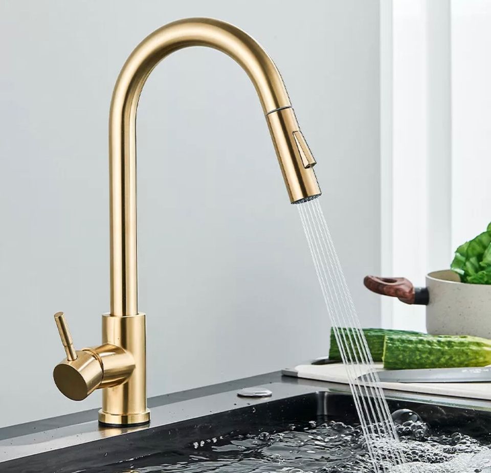 Küchenarmatur Ausziehbar Brause Gold Edelstahl Wasserhahn Küche in Bebra