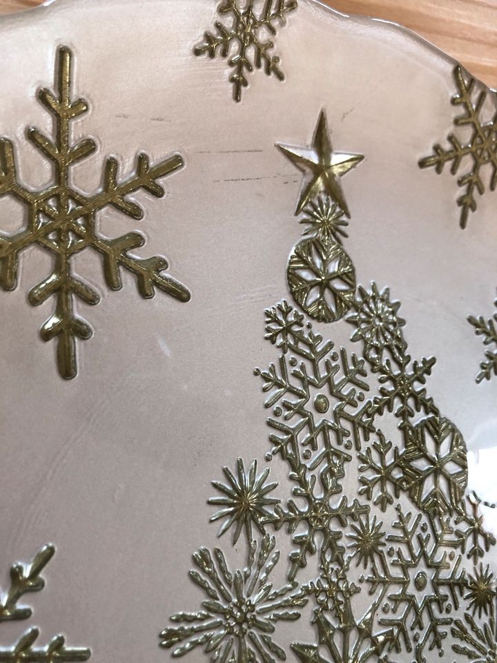 Winterteller 33 cm Glas weiß Gold Weihnachten deko Kekse in Lützen Dehlitz