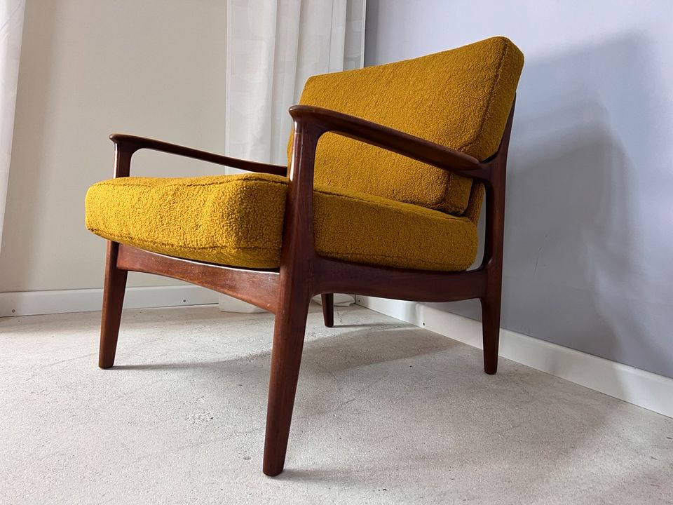 Eugen Schmidt Organic Easy Chair Armlehnsessel Vollholz neu gepolstert curry senf gelb 60er Jahre Designersessel Mid Century Design Vintage Wohnzimmer in Berlin
