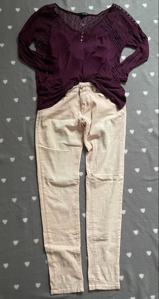 Set Jeanshose Bluse Shirt rosa Bordeaux spitze M L 38 40 in Kempten