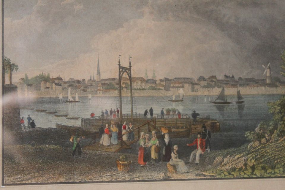 Kol. Stahlstich Bonn um 1840 v.d. Rheinfähre aus gesehen gerahmt in Windeck