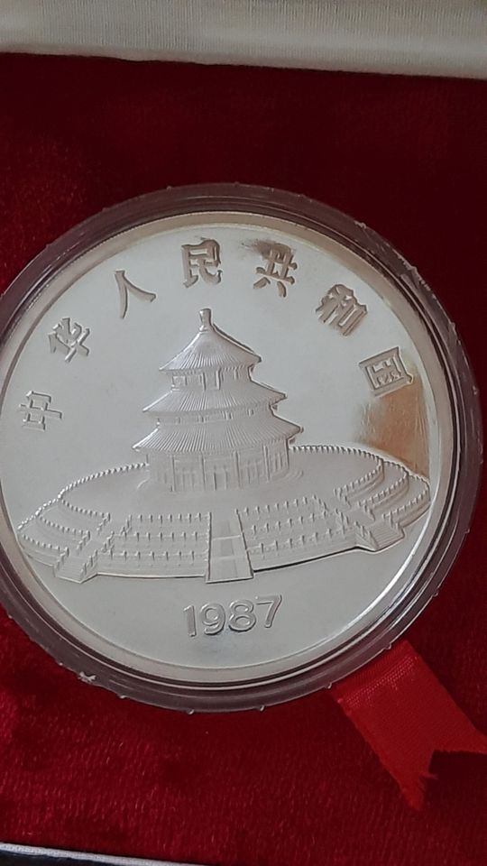 China Panda 1987 10 Yuan + 50 Yuan, Silber PP, 5 Oz + 1 Oz, Set in Mittweida