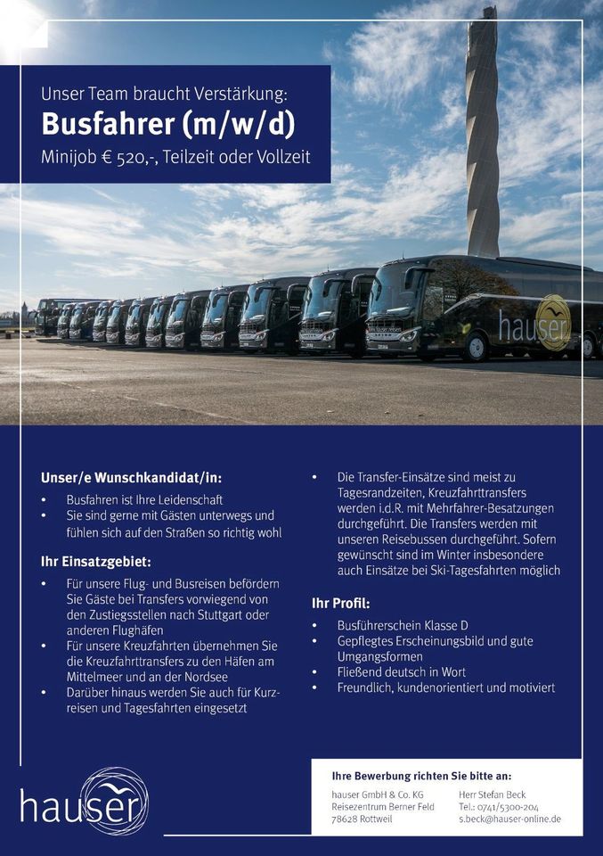 Busfahrer Aushilfe/Teilzeit/ Vollzeit (m/w/d) in Rottweil