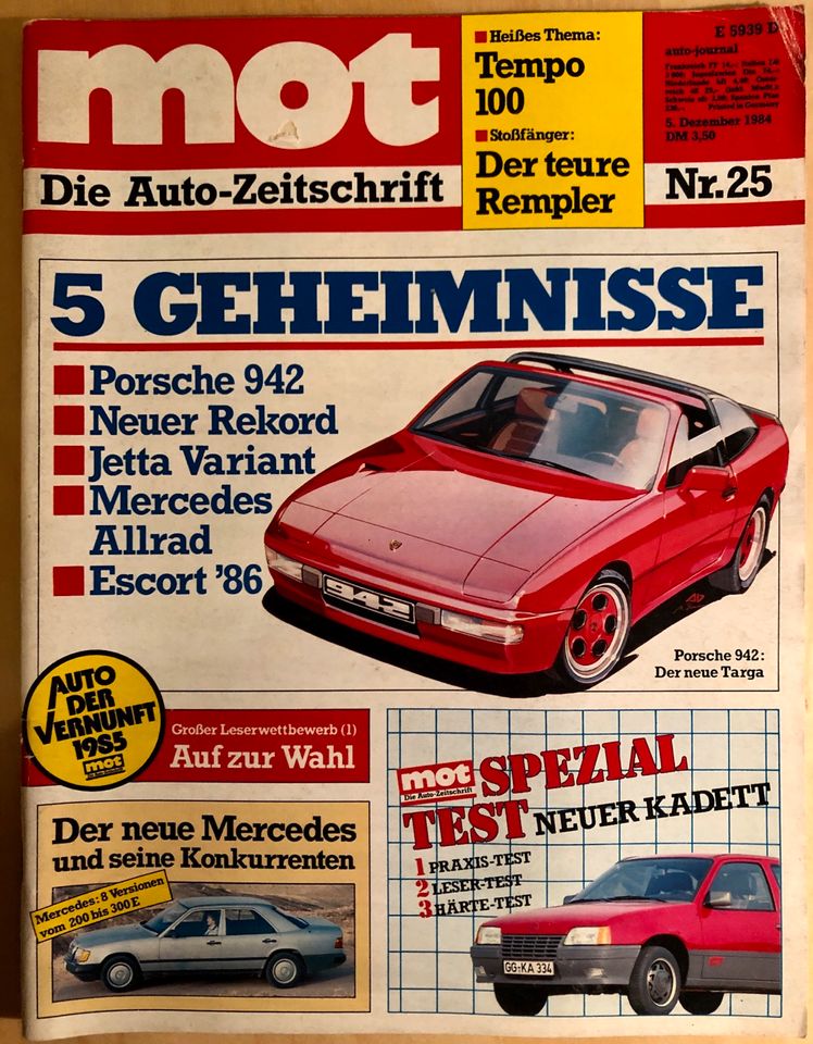 MOT die Auto Zeitschrift 25/1984 Porsche 942 Opel Rekord VW Jetta in Essen