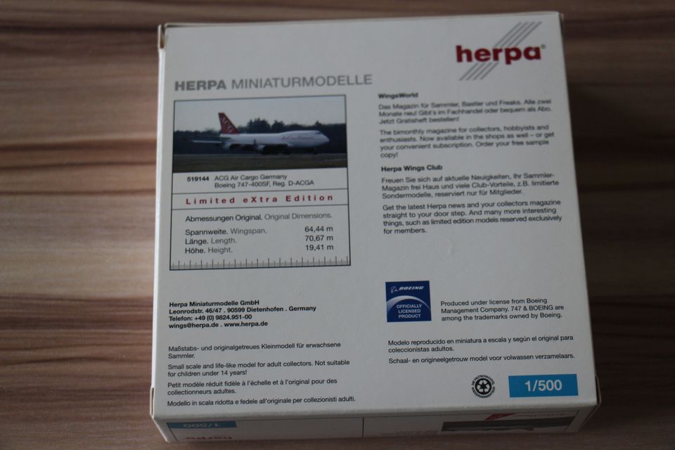 Herpa 1:500 Boeing 747-400SF ACG Air Cargo Germany Limited eXtra in Weinheim