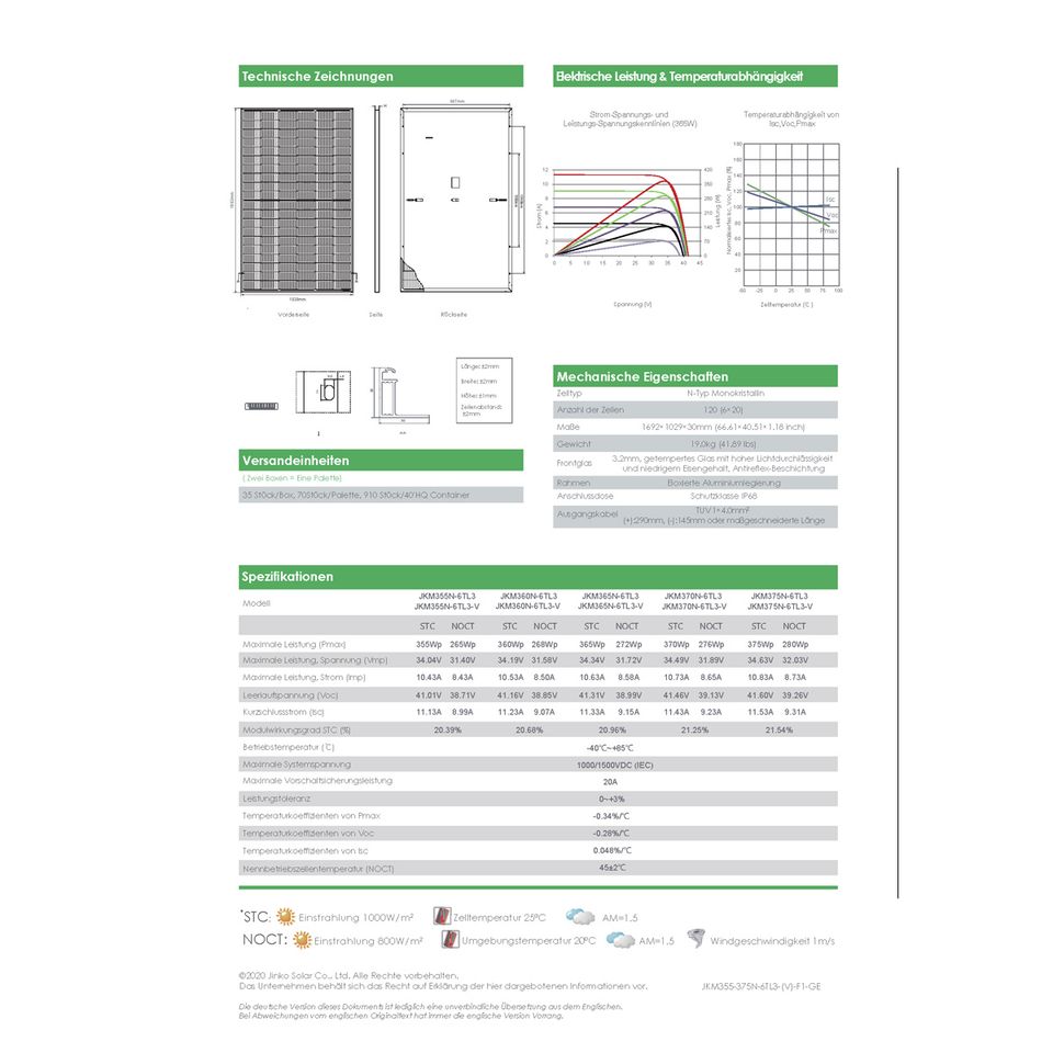 Solarpanel 375 Watt JINKO Solarmodul JKM375N-6TL3-V N-Type mono in Torgelow