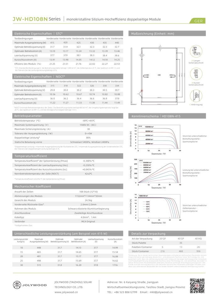 Jolywood JW-HD108N-435W Bifazial Glas/Glas Solarmodul PV Solar in Leipzig