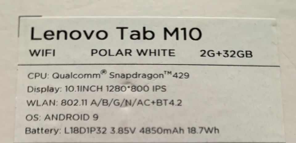 Lenovo Tab M10,WIFi Polar White 2G+32GB in Kühlungsborn