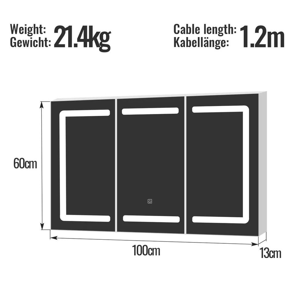 Spiegelschrank mit LED Beleuchtung - 100 x 60 x 13 cm in Hainburg