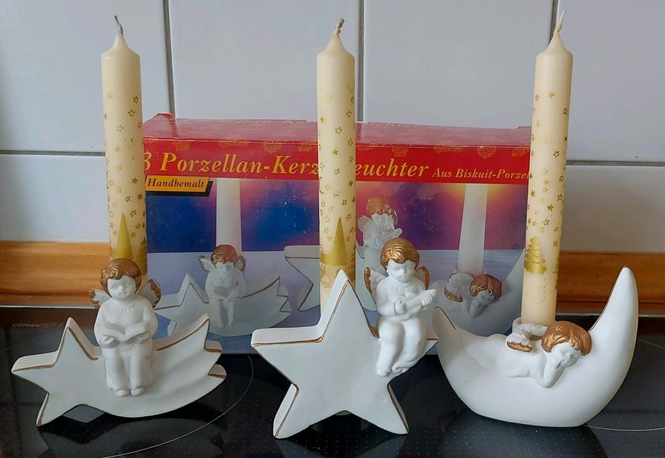 3 Porzellanengel Kerzenständer, weiß/gold, incl. Kerzen in Berlin