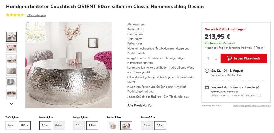 Neuer Designer Couchtisch Hammerschlag *silber* Pompon Orient in Essen