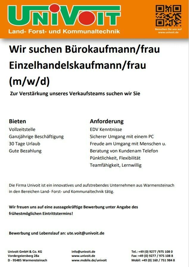 Einzelhandelskaufmann / Frau (m/w/d) für Ersatzteileverkauf Büro in Warmensteinach