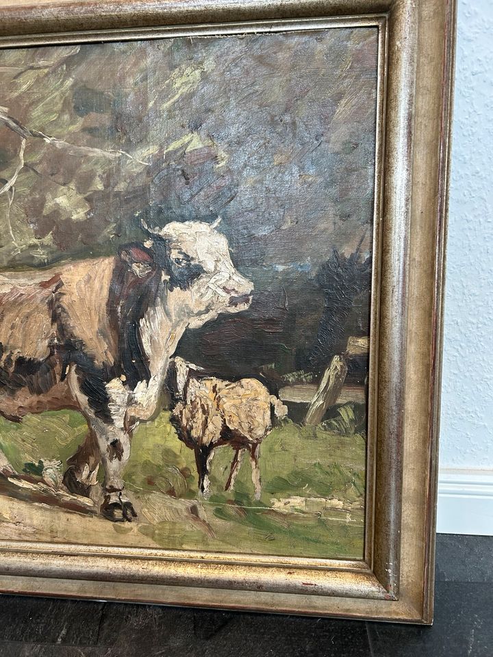 Gemälde antik Kuh Stier Familie Kühe Öl Leinwand doubliert in Wassenberg