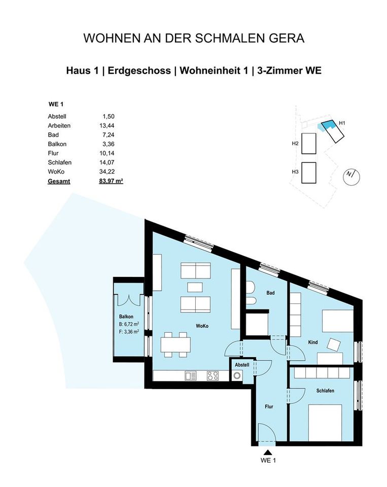 Großzügige 3-Zimmerwohnung mit Balkon, Fußbodenheizung und Tageslichtbad #WE01 in Erfurt