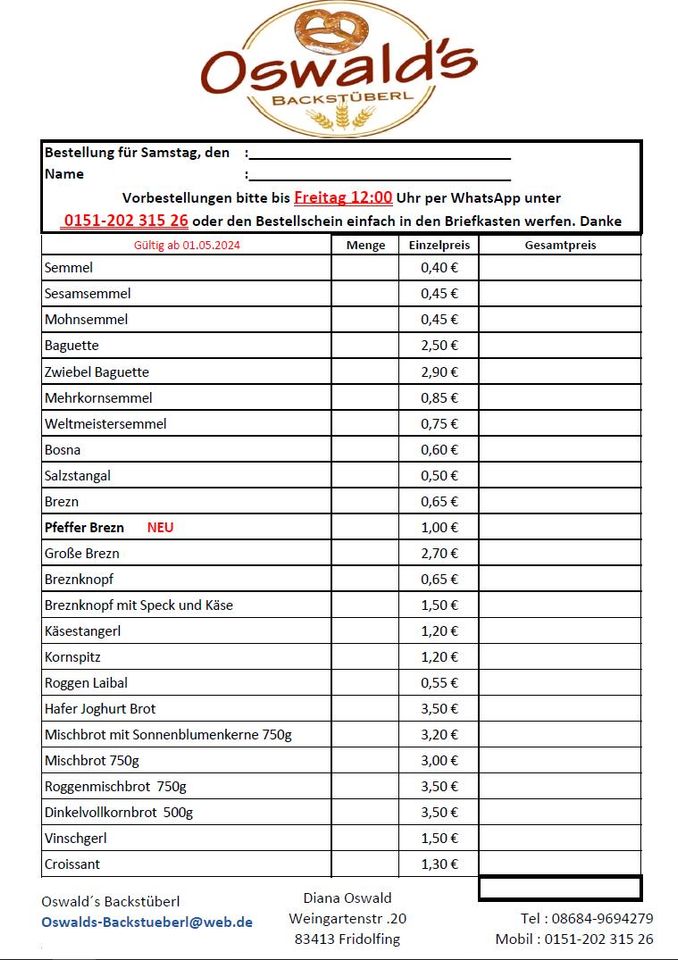 Frische Backwaren aus dem Oswald´s Backstüberl in Fridolfing