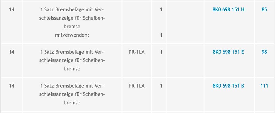 Original Audi A4 B8 8K Bremsbelagsatz vorn 8K0 698 151H, PR-1LA in Melsungen