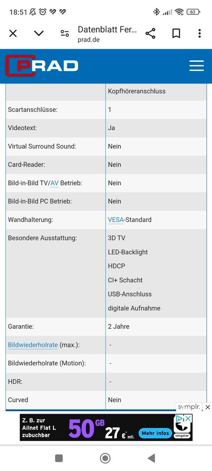 Telefunken 42 Zoll TV in Kerpen