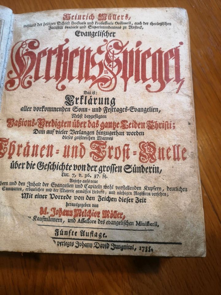 Antikes Buch 1755 evangelischer Herzens Spiegel evangelium in Lünen