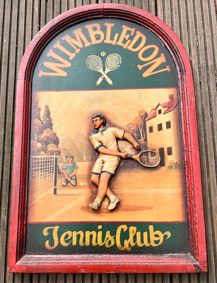 Wimbledon, Tennis Club, großes Holzschild, altes Wandbild in Steinheim