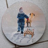 Original Acryl Gemälde,  Kind mit Schlitten u Hund  im Schnee Nordrhein-Westfalen - Möhnesee Vorschau