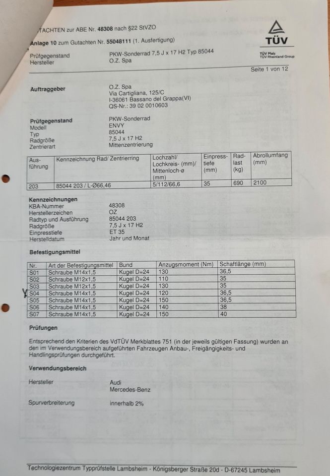 OZ Felgen ENVY für Radgröße 7,5J x 17 H2 R in Stahnsdorf