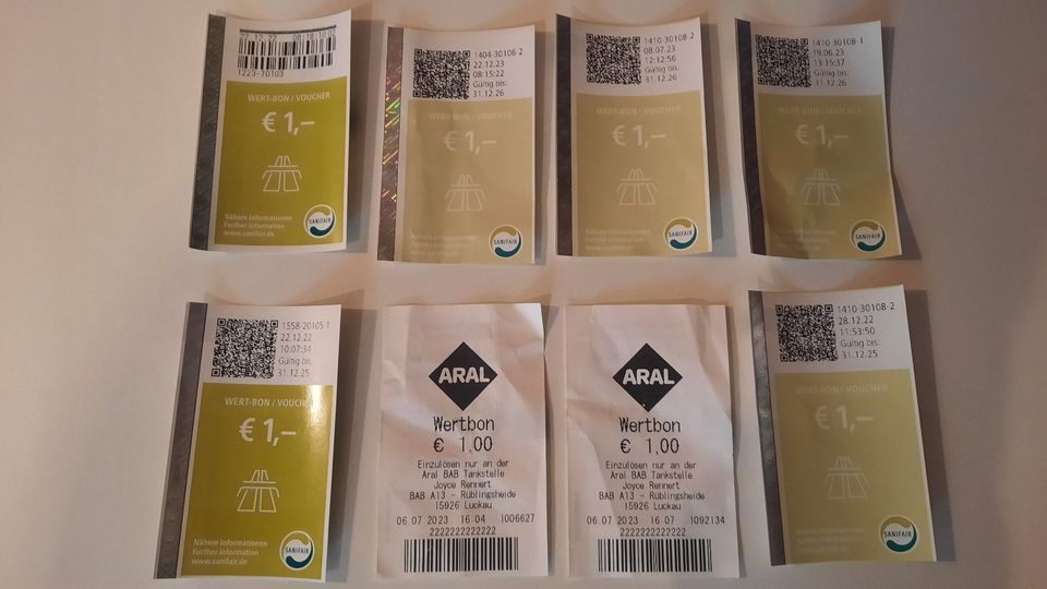 8 x 1 Euro, Wertbon, Gutscheine, Sanifair und Aral in Kissing