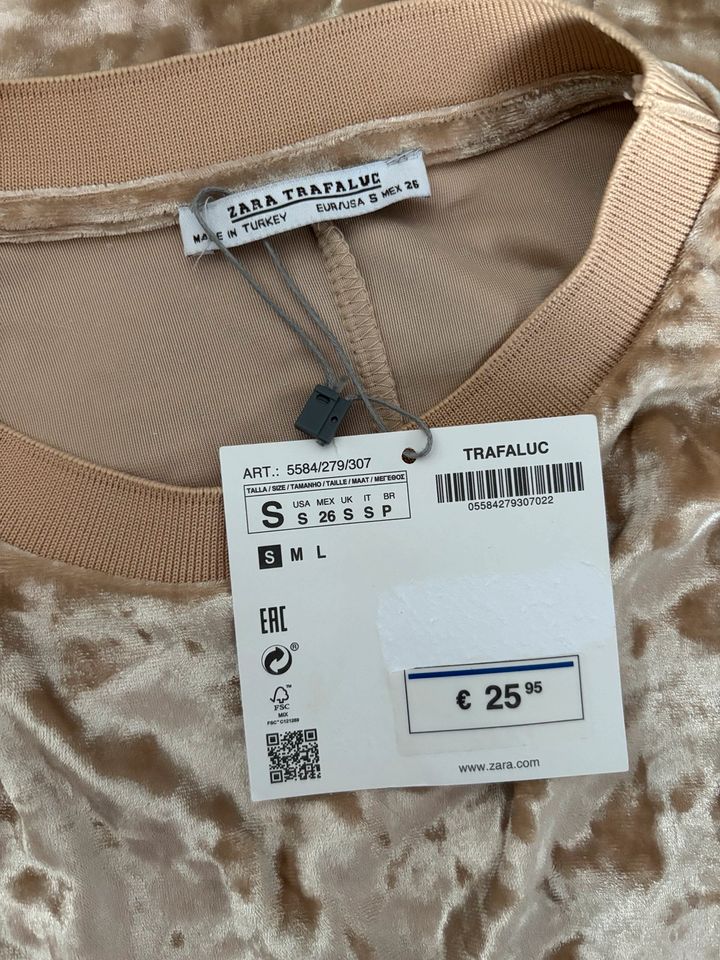 NEU Zara Shirt - S 36 hellgold beige Samt Ballonärmel Sweatshirt in Rödermark